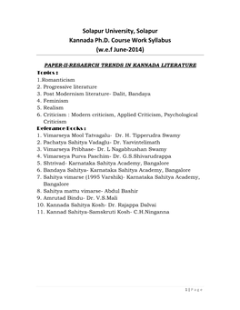 Solapur University, Solapur Kannada Ph.D. Course Work Syllabus (W.E.F June‐2014)