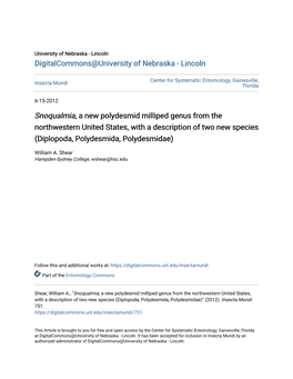 &lt;I&gt;Snoqualmia&lt;/I&gt;, a New Polydesmid Milliped Genus from The