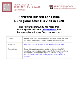 Bertrand Russell and China During and After His Visit in 1920