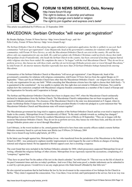 MACEDONIA: Serbian Orthodox "Will Never Get Registration"