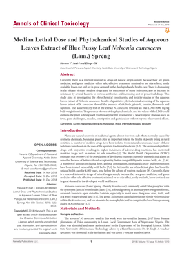 Median Lethal Dose and Phytochemical Studies of Aqueous Leaves Extract of Blue Pussy Leaf Nelsonia Canescens (Lam.) Spreng