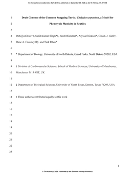 Draft Genome of the Common Snapping Turtle, Chelydra Serpentina, a Model For