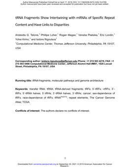 Trna Fragments Show Intertwining with Mrnas of Specific Repeat