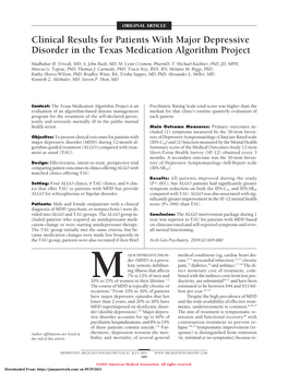 Clinical Results for Patients with Major Depressive Disorder in the Texas Medication Algorithm Project
