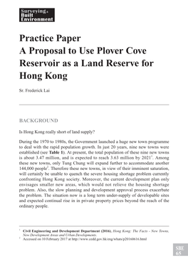 Practice Paper a Proposal to Use Plover Cove Reservoir As a Land Reserve for Hong Kong
