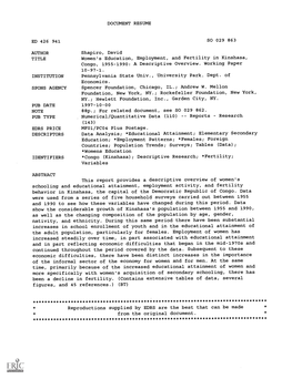 Women's Education, Employment, and Fertility in Kinshasa, Congo, 1955-1990: a Descriptive Overview