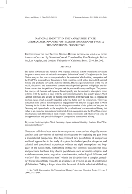 National Identity in the Vanquished State: German and Japanese Postwar Historiography from a Transnational Perspective