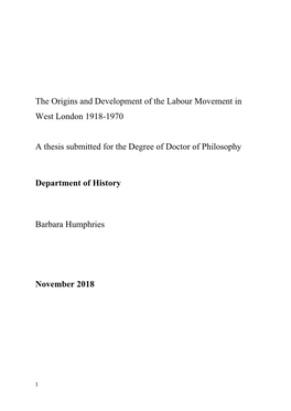 The Origins and Development of the Labour Movement in West London 1918-1970