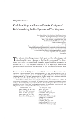 Credulous Kings and Immoral Monks: Critiques of Buddhists During the Five Dynasties and Ten Kingdoms