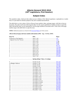 Alberta Hansard 2015-2016 (29Th Legislature, First Session) Subject