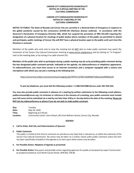 Carson City Consolidated Municipality Notice of a Special Meeting of the Cultural Commission