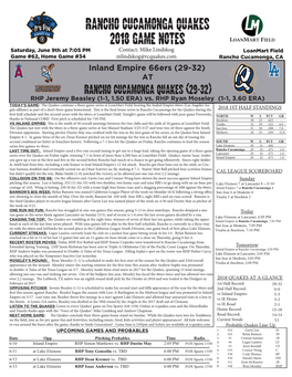 Rancho Cucamonga Quakes 2018 Game Notes