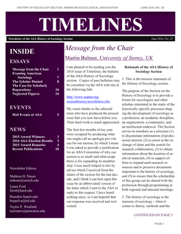 TIMELINES Newsletter of the ASA History of Sociology Section June 2016, No