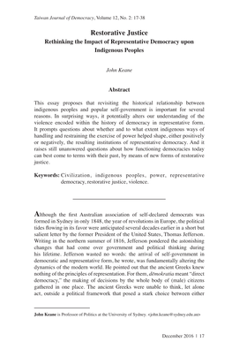 Restorative Justice Rethinking the Impact of Representative Democracy Upon Indigenous Peoples