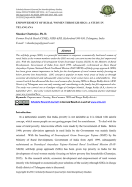 EMPOWERMENT of RURAL WOMEN THROUGH SHGS: a STUDY in TELANGANA Shankar Chatterjee, Ph. D. Former Prof & Head (CPME), NIRD &A