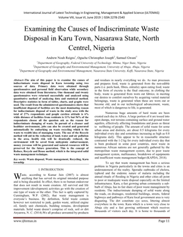 Examining the Causes of Indiscriminate Waste Disposal in Karu Town, Nasarawa State, North Centrel, Nigeria