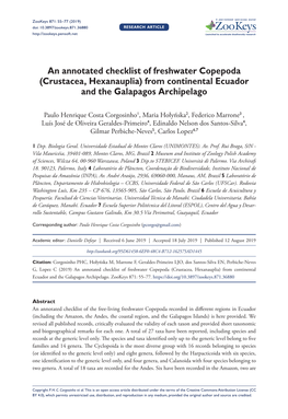 ﻿An Annotated Checklist of Freshwater Copepoda (Crustacea, Hexanauplia) from Continental Ecuador and the Galapagos Archipelago