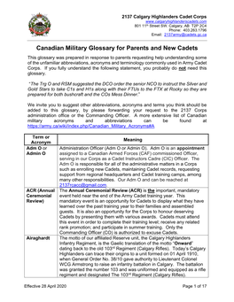 Canadian Military Glossary for Parents and New Cadets