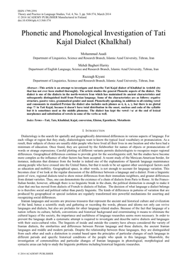 Phonetic and Phonological Investigation of Tati Kajal Dialect (Khalkhal)