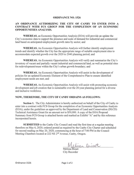 Ordinance No. 1526 an Ordinance Authorizing the City of Canby to Enter Into a Contract with Fcs Group for the Completion of an E