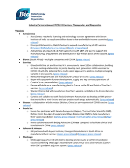 Industry Partnerships on COVID-19 Vaccines, Therapeutics and Diagnostics