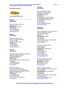 Consumer Protection Offices Page 1 of 23 As of November 13, 2009 from Consumeraction.Gov Arkansas Distributed Courtesy Of: State Offices