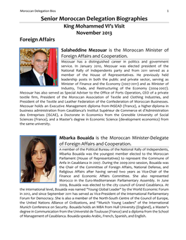 Senior Moroccan Delegation Biographies King Mohammed VI’S Visit November 2013 Foreign Affairs