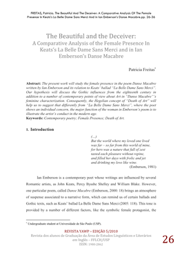 The Beautiful and the Deceiver: a Comparative Analysis of the Female Presence in Keats’S La Belle Dame Sans Merci and in Ian Emberson’S Danse Macabre.Pp