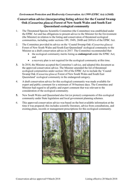 Coastal Swamp Oak Forest NSW and SEQ Approved Conservation Advice