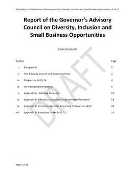 Report of the Governor's Advisory Council on Diversity, Inclusion And