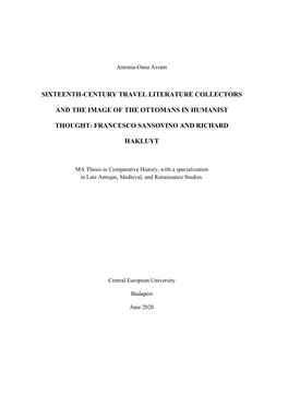 Sixteenth-Century Travel Literature Collectors and the Image of the Ottomans in Humanist Thought: Francesco Sansovino and Richard Hakluyt