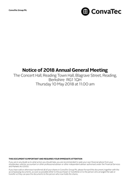 Notice of 2018 Annual General Meeting the Concert Hall, Reading Town Hall, Blagrave Street, Reading, Berkshire RG1 1QH Thursday 10 May 2018 at 11.00 Am