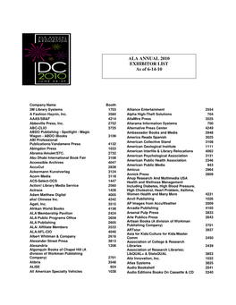 ALA ANNUAL 2010 EXHIBITOR LIST As of 6-14-10