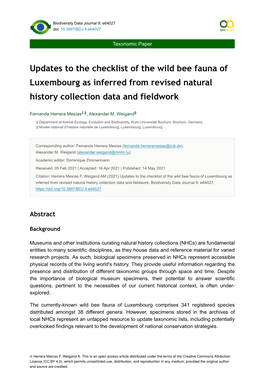 Updates to the Checklist of the Wild Bee Fauna of Luxembourg As Inferred from Revised Natural History Collection Data and Fieldwork