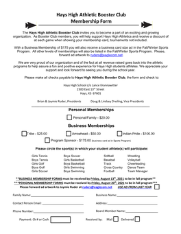 Hays High Athletic Booster Club Membership Form