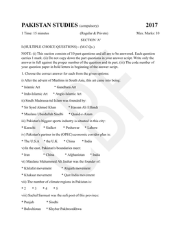 PAKISTAN STUDIES (Compulsory) 2017 1 Time: 15 Minutes (Regular & Private) Max