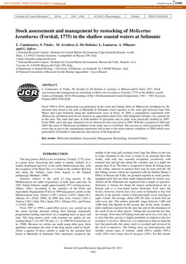 Stock Assessement and Management by Restocking of Melicertus Kerathurus (Forskäl, 1775) in the Shallow Coastal Waters at Selinunte