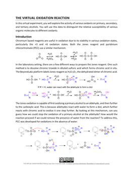 THE VIRTUAL OXIDATION REACTION in This Virtual Experiment, You Will Explore the Activity of Various Oxidants on Primary, Secondary, and Tertiary Alcohols