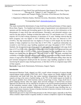 Determinants of Cargo Dwell Time and Performance Onne Seaport, Rivers State, Nigeria 1Okwong, K.B., 2Ogbuji C.E