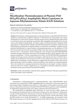 Micellization Thermodynamics of Pluronic P123 (EO20PO70EO20) Amphiphilic Block Copolymer in Aqueous Ethylammonium Nitrate (EAN) Solutions