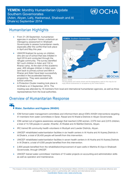 YEMEN: Monthly Humanitarian Update Southern Governorates (Aden, Abyan, Lahj, Hadramaut, Shabwah and Al Dhale’E) September 2014