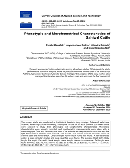 Phenotypic and Morphometrical Characteristics of Sahiwal Cattle