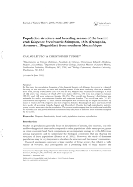 Population Structure and Breeding Season of the Hermit Crab Diogenes Brevirostris Stimpson, 1858 (Decapoda, Anomura, Diogenidae) from Southern Mozambique