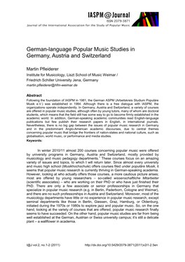 German-Language Popular Music Studies in Germany, Austria and Switzerland