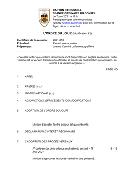 SÉANCE ORDINAIRE DU CONSEIL Le 7 Juin 2021 À 18 H Participation Par Voie Électronique (Visitez Russell.Ca/Conseil Pour De L’Information Sur La Façon De Se Connecter)