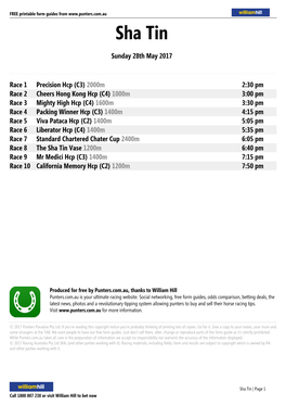 Sha Tin Printable Form Guide