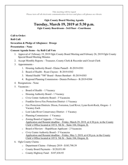 Tuesday, March 19, 2019 at 5:30 P.M. Ogle County Boardroom - 3Rd Floor - Courthouse