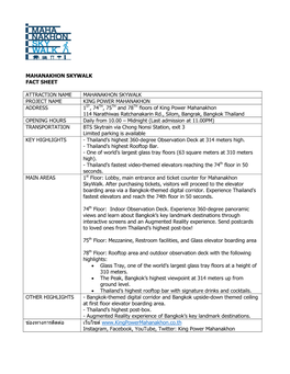 Mahanakhon Skywalk Fact Sheet