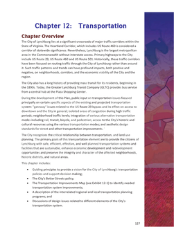 Chapter 12: Transportation Chapter Overview the City of Lynchburg Lies at a Significant Crossroads of Major Traffic Corridors Within the State of Virginia