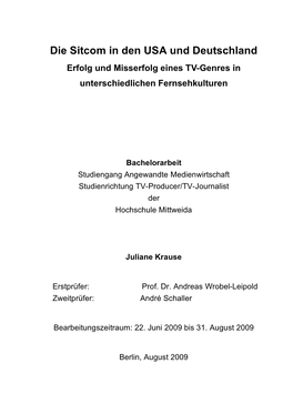 Die Sitcom in Den USA Und Deutschland Erfolg Und Misserfolg Eines TV-Genres in Unterschiedlichen Fernsehkulturen